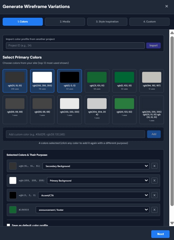 Step 2: Select brand colors from the auto-detected palette