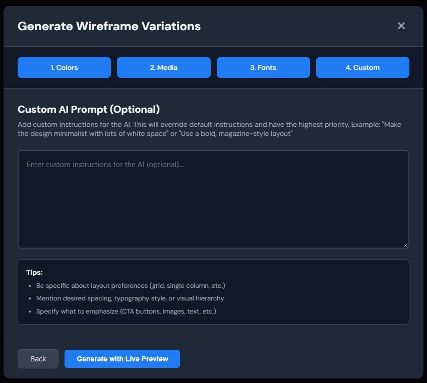 Step 4: Enter a custom prompt describing the landing page you want