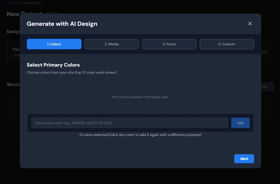 Config modal for auth page wireframe