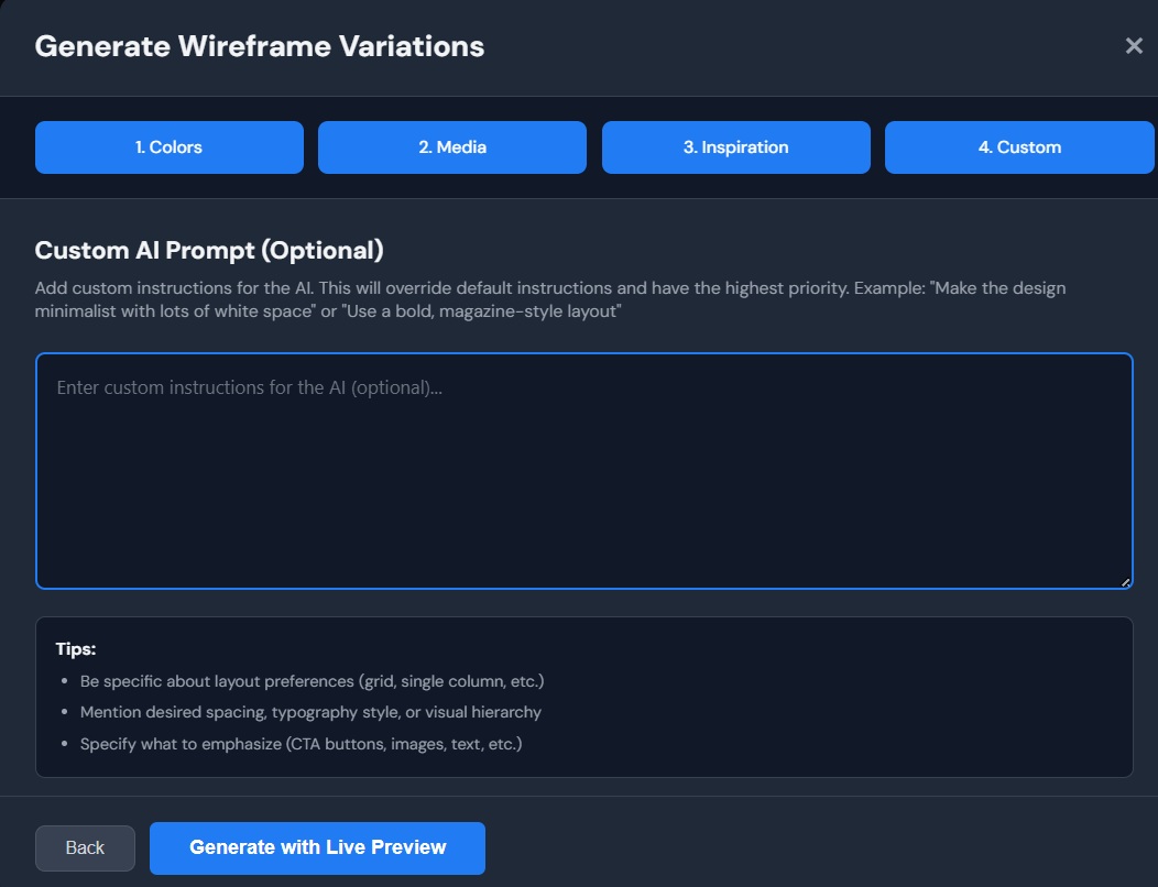 Project detail page with the Generate Wireframe button