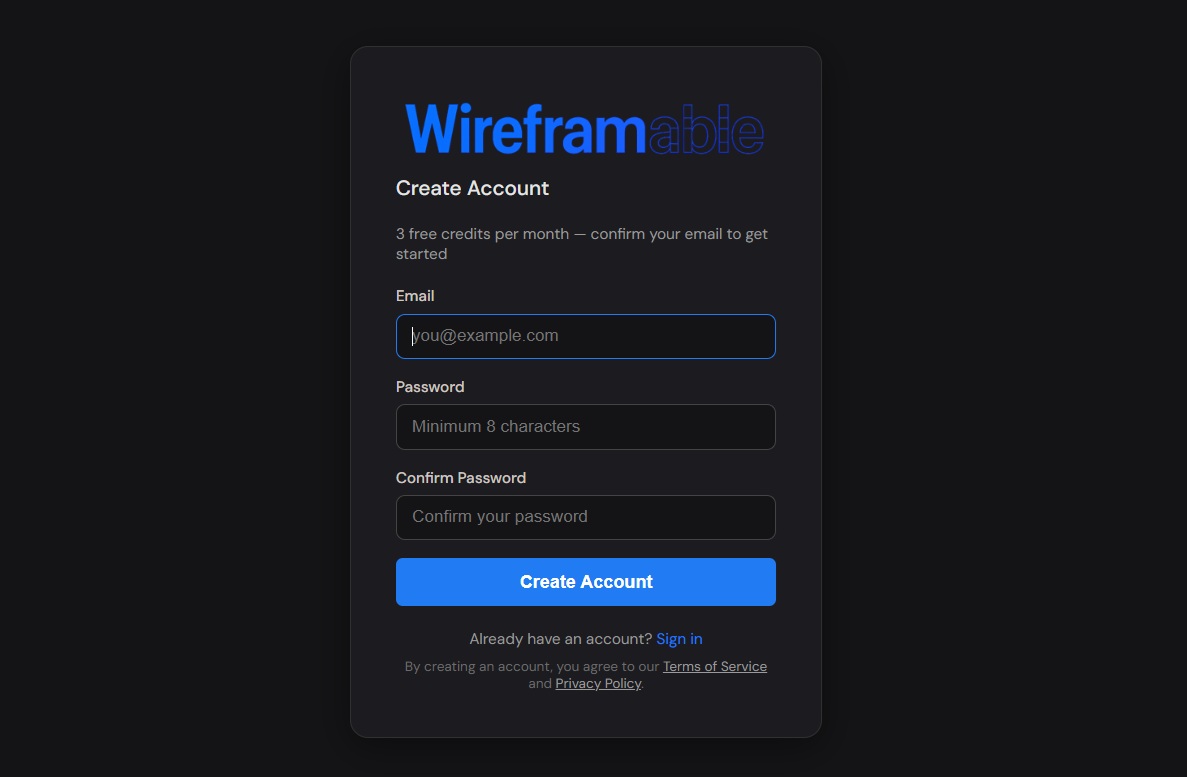 Wireframable sign-up page — create a free account